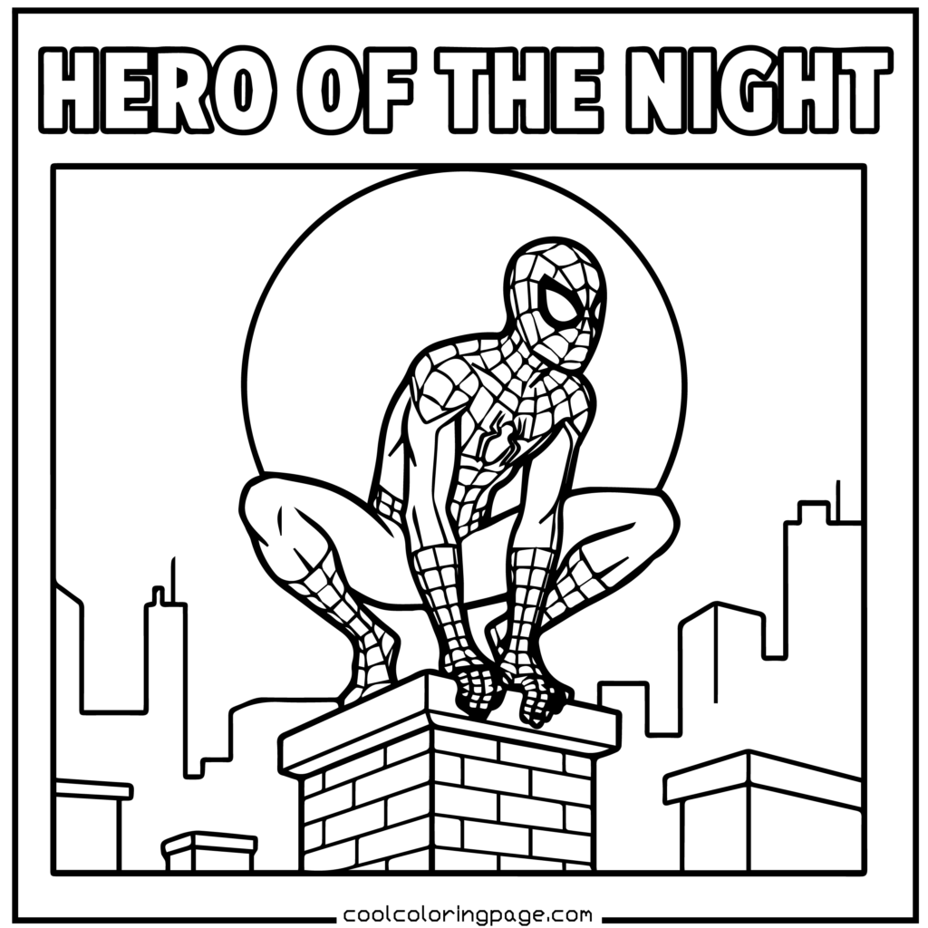 Spider-Man coloring pages featuring Spider-Man perched on a rooftop in clear line art