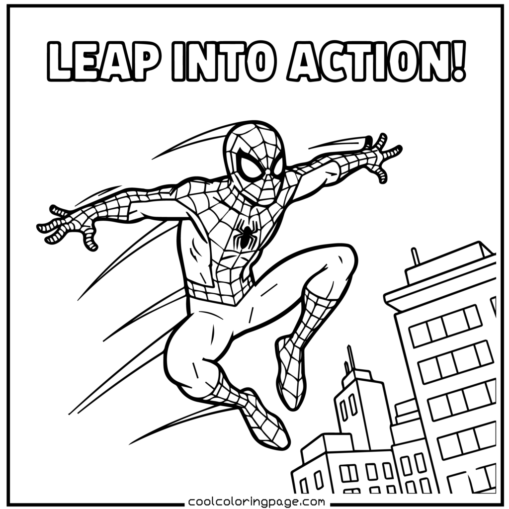 Spider-Man coloring pages with Spider-Man jumping off a building in a bold outline design.