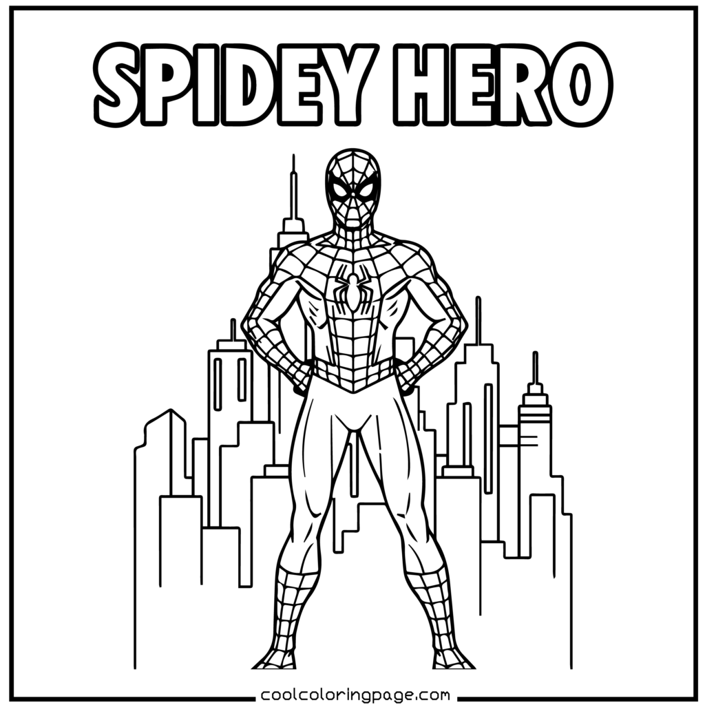 Spider-Man coloring pages showing Spider-Man standing heroically with a city skyline outline.