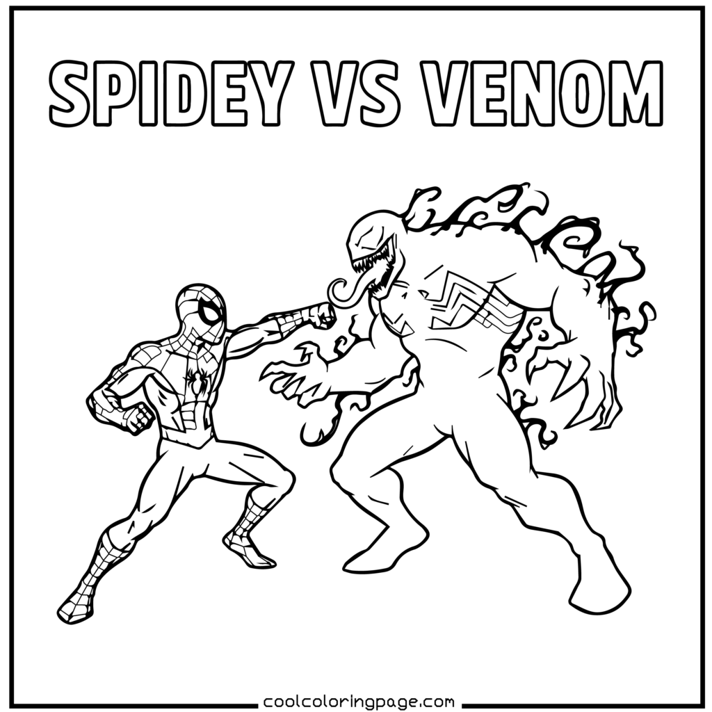 Spider-Man coloring pages of Spider-Man fighting Venom in simple black-and-white outlines.