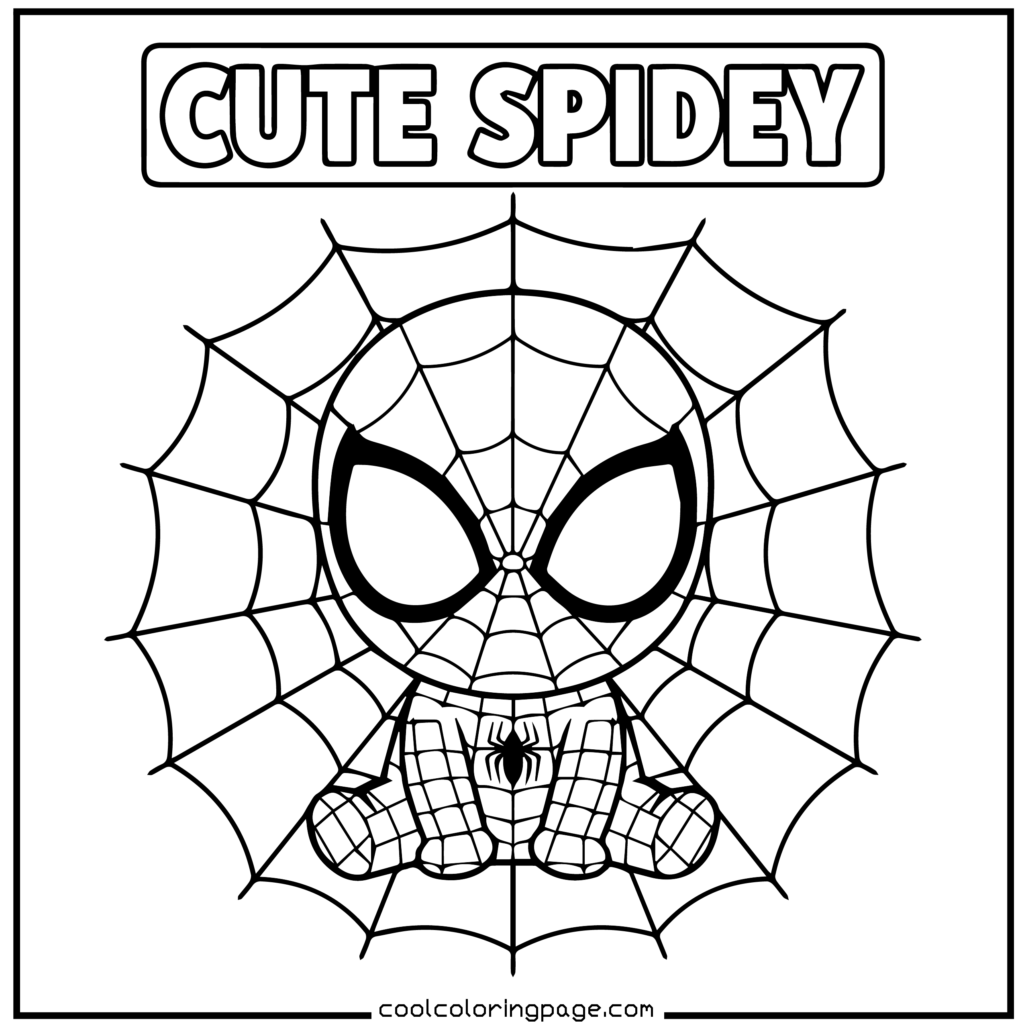 Spider-Man coloring pages featuring a cute baby Spider-Man sitting on a web in chibi style.