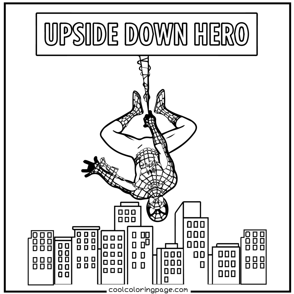 Spider-Man coloring pages with Spider-Man swinging upside down in clear, bold lines.