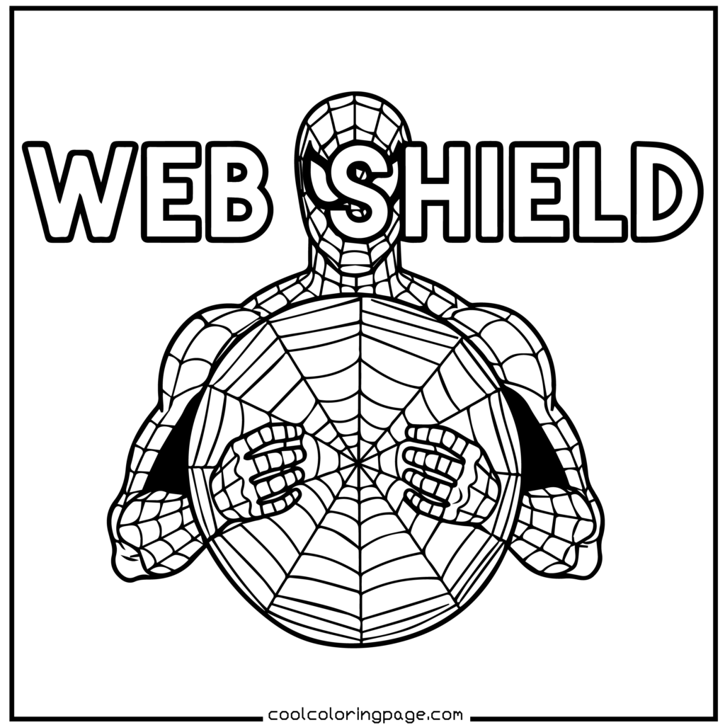 Spider-Man coloring pages of Spider-Man holding a web shield in simple line art.