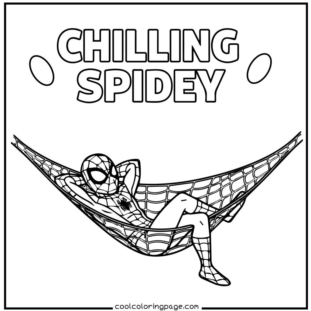 Spider-Man coloring pages with Spider-Man relaxing on a web hammock in bold black outlines.