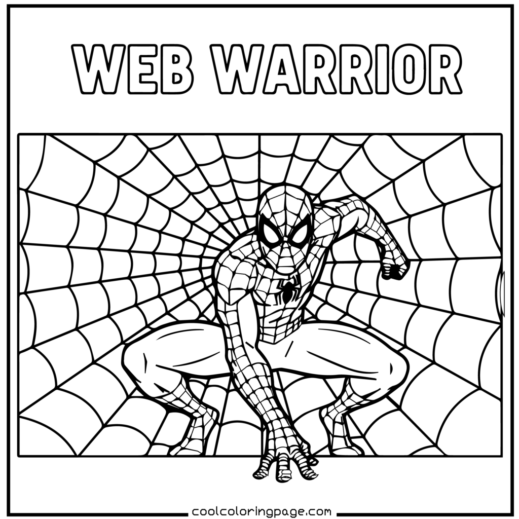 Spider-Man coloring pages featuring Spider-Man crouching with a web background outline.