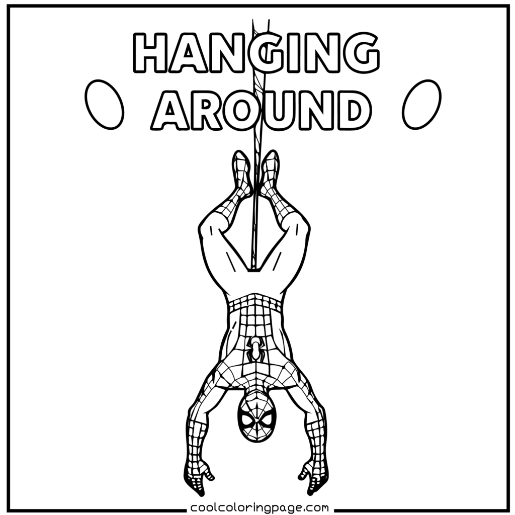Spider-Man coloring pages showing Spider-Man hanging from a single web in outline style.