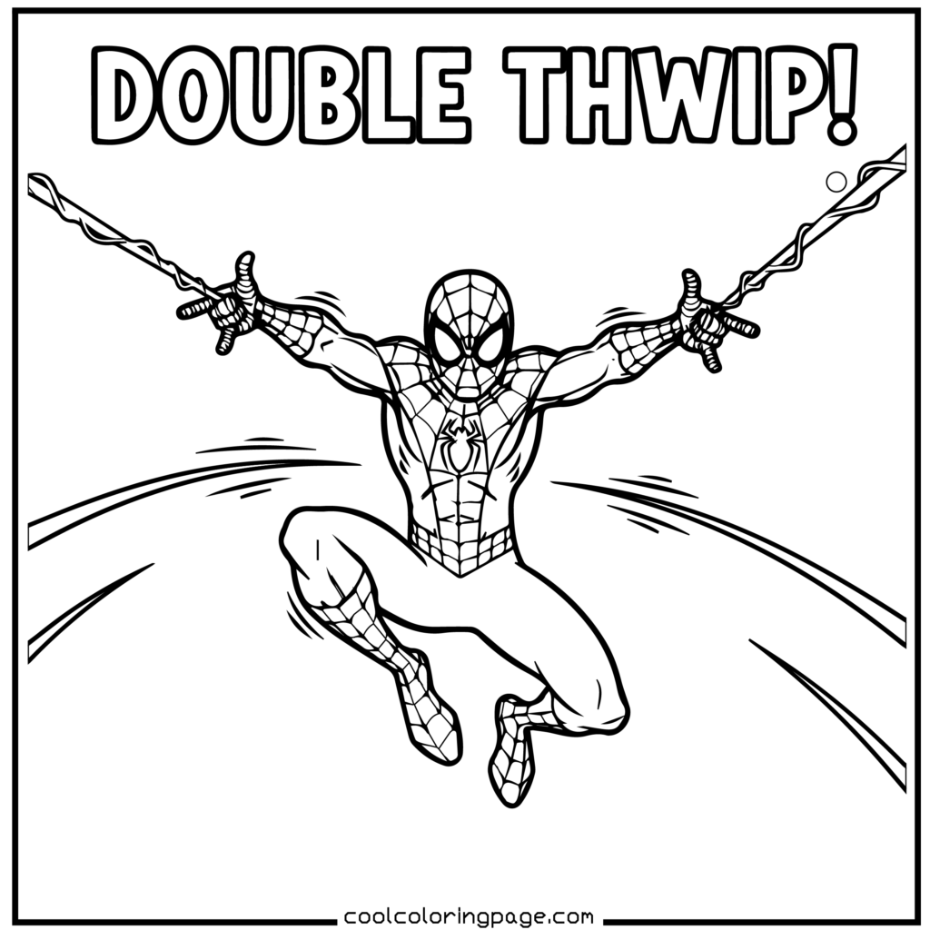 Spider-Man coloring pages featuring Spider-Man shooting double webs in action outlines.