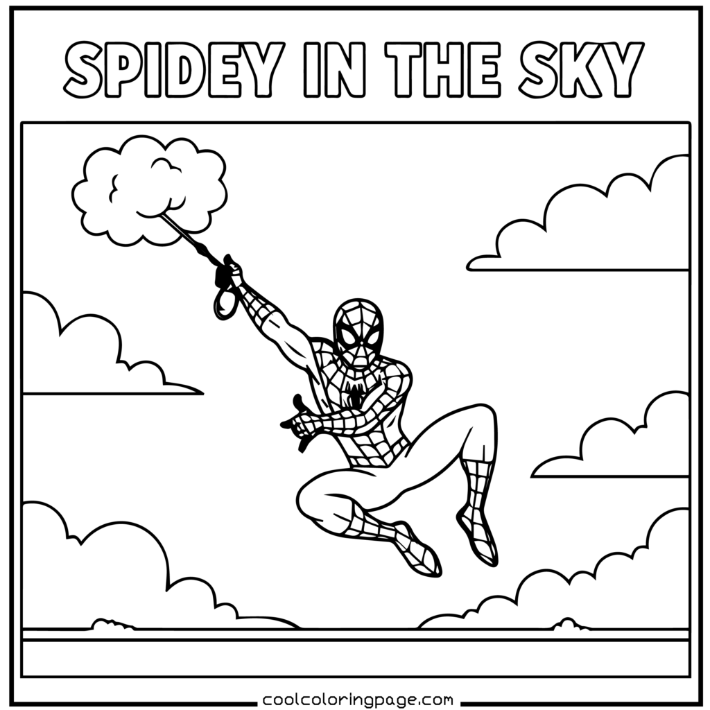 Spider-Man coloring pages showing Spider-Man swinging through clouds in simple line art.