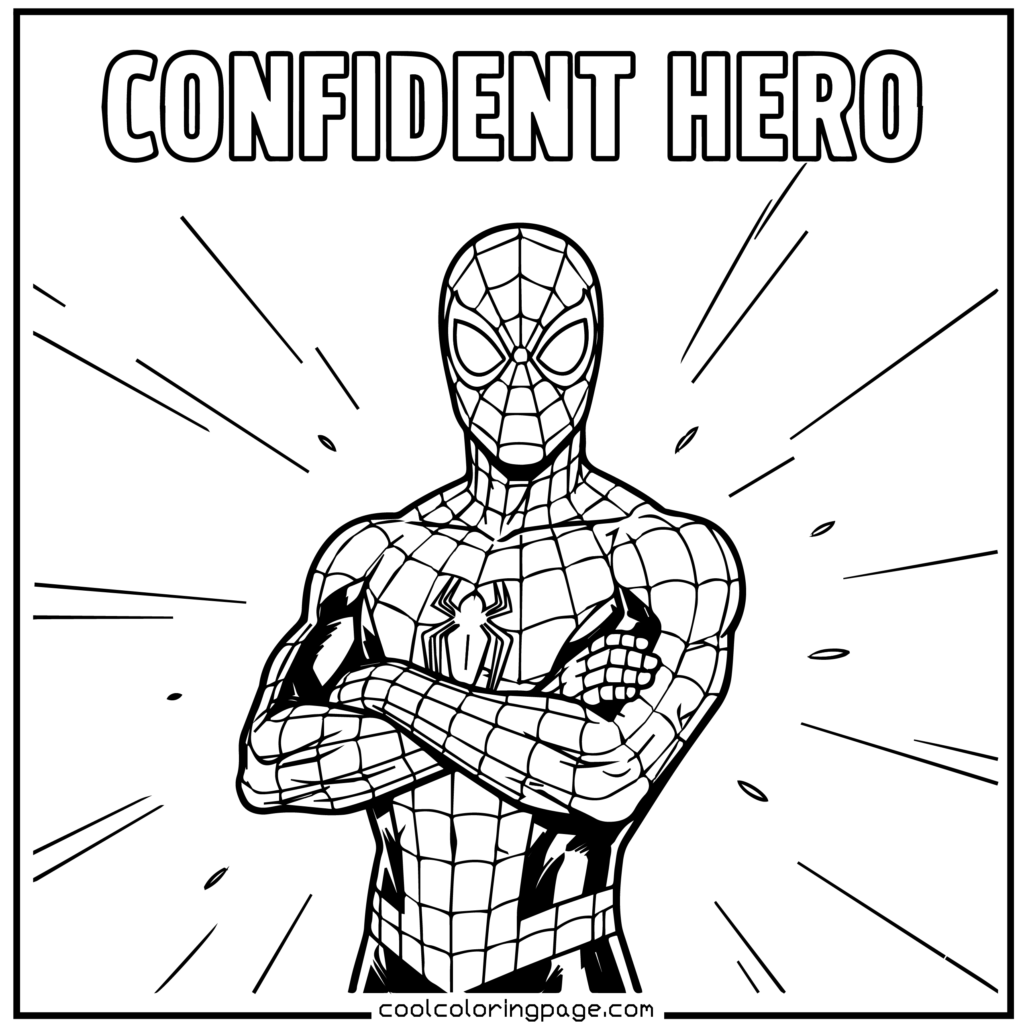 Spider-Man coloring pages featuring Spider-Man standing confidently with arms crossed.