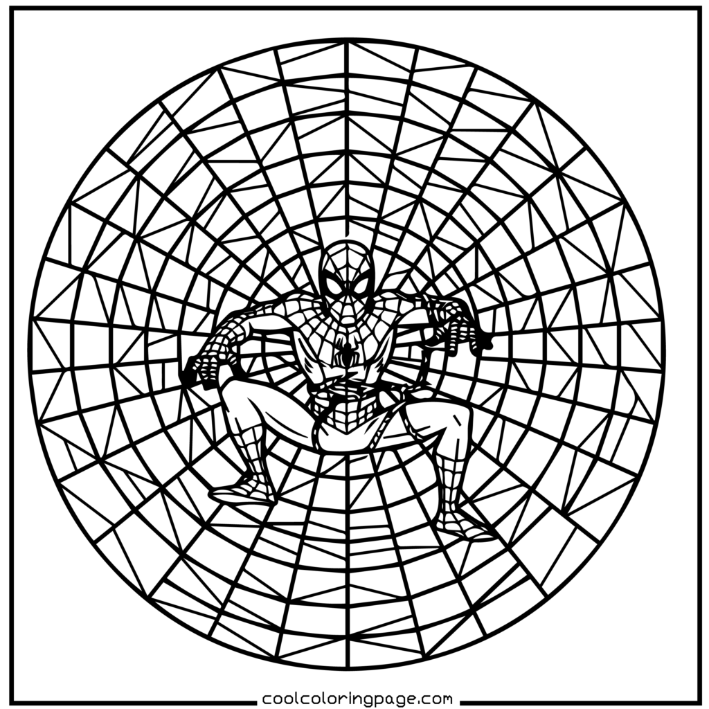 Spider-Man coloring pages showing Spider-Man inside a giant web maze in simple lines.