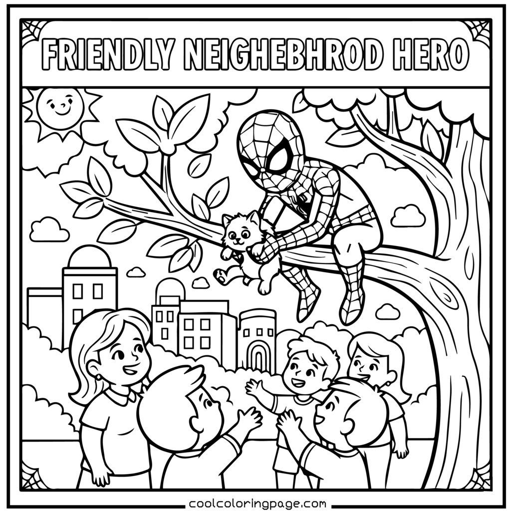 Spider-Man coloring pages with Spider-Man rescuing a cat from a tree in cute outlines.