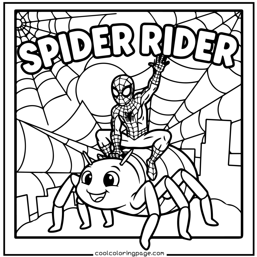 Spider-Man coloring pages showing Spider-Man riding a giant spider in cartoon line art.