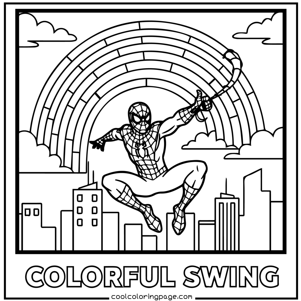 Spider-Man coloring pages with Spider-Man swinging with a rainbow-shaped web outline.