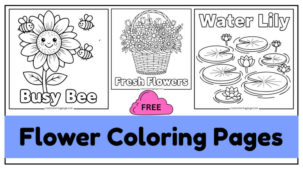 flower Coloring pages for kids and adults featuring flowers and bees
