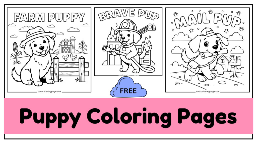 Three puppy coloring page designs. printable puppy coloring pages for kids and adults.