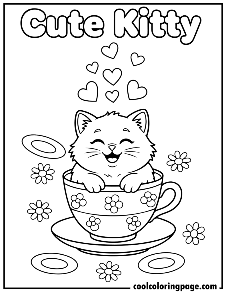 Cute cat coloring pages showing a smiling kitten sitting inside a teacup, simple cat coloring pages with bold outlines