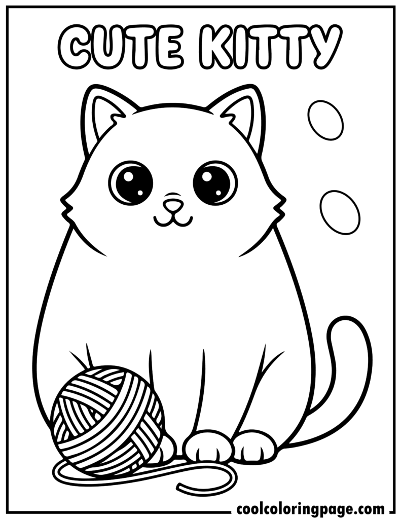 Cute kitty playing with yarn in kitty cat coloring pages, perfect for cute kitty cat coloring pages and easy kitty coloring pages for kids.