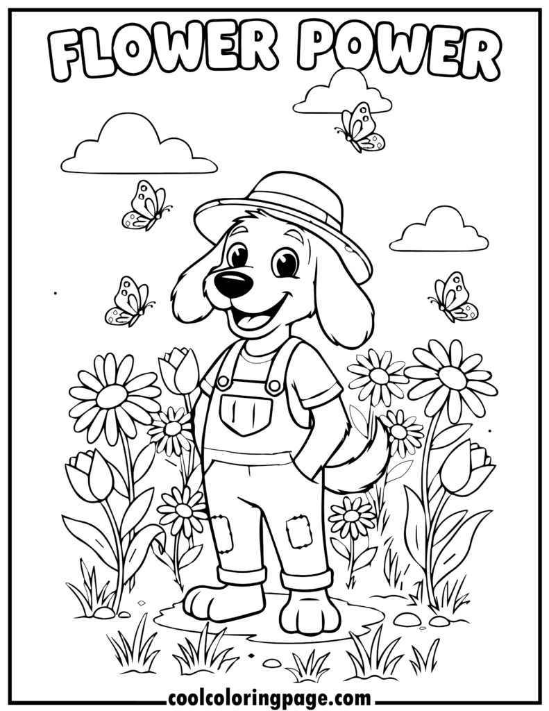 Dog man coloring pages showing a cute dog hero in a flower garden, printable dog coloring pages for kids and adults