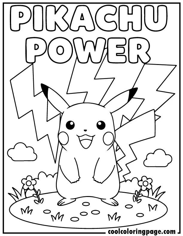 Printable pokemon coloring pages featuring Pikachu standing happily with lightning shapes, simple bold outline pokemon coloring pages printable for kids and adults.