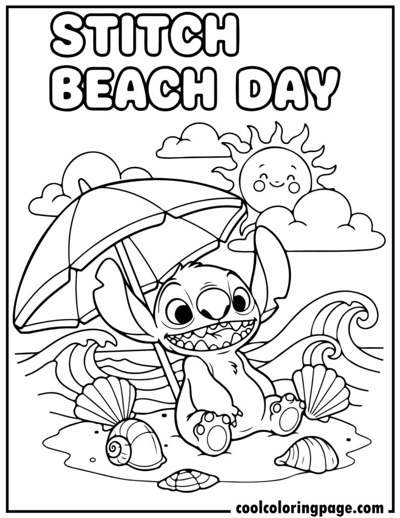 Stitch coloring pages showing Stitch relaxing on a beach, a fun stitch coloring page and printable stitch coloring pages for kids and adults.