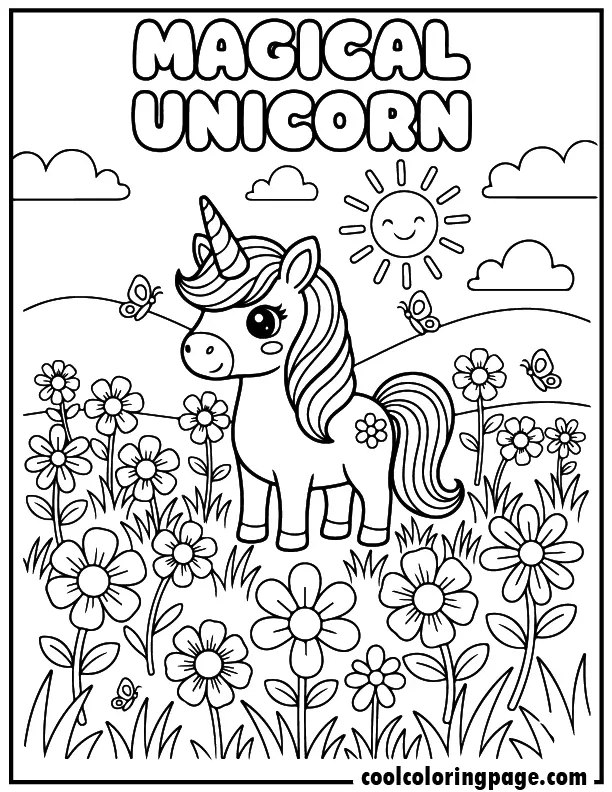 Unicorn coloring pages showing a unicorn standing in a flower meadow, cute coloring pages unicorn style with simple bold outlines.