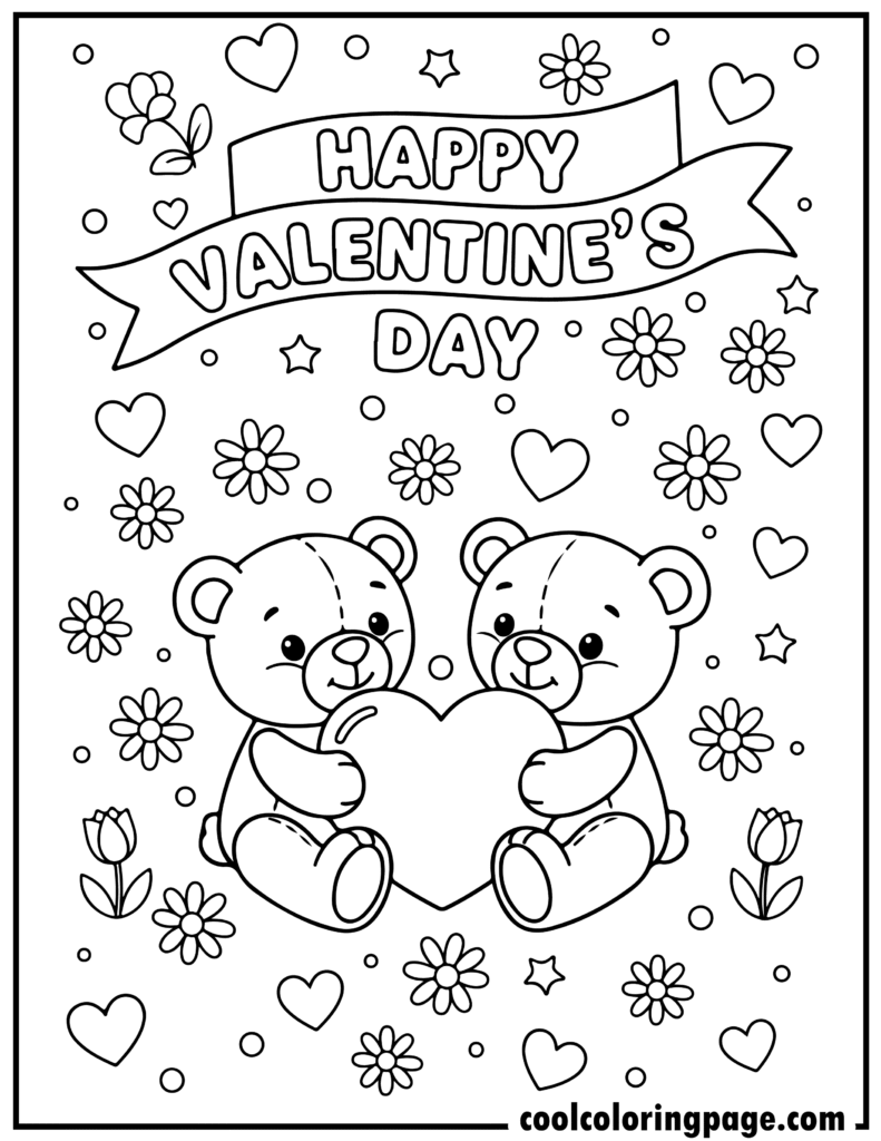 Valentine's Day coloring pages featuring cute teddy bears holding a heart, perfect for cute valentines day coloring pages and Valentines Day coloring pages for kids.