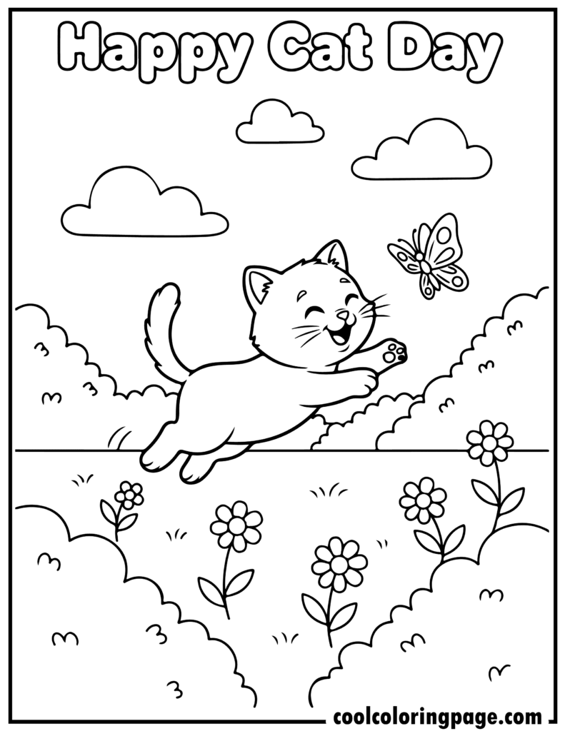 Cute cat coloring pages featuring a playful kitten chasing a butterfly in a garden, printable coloring pages cat
