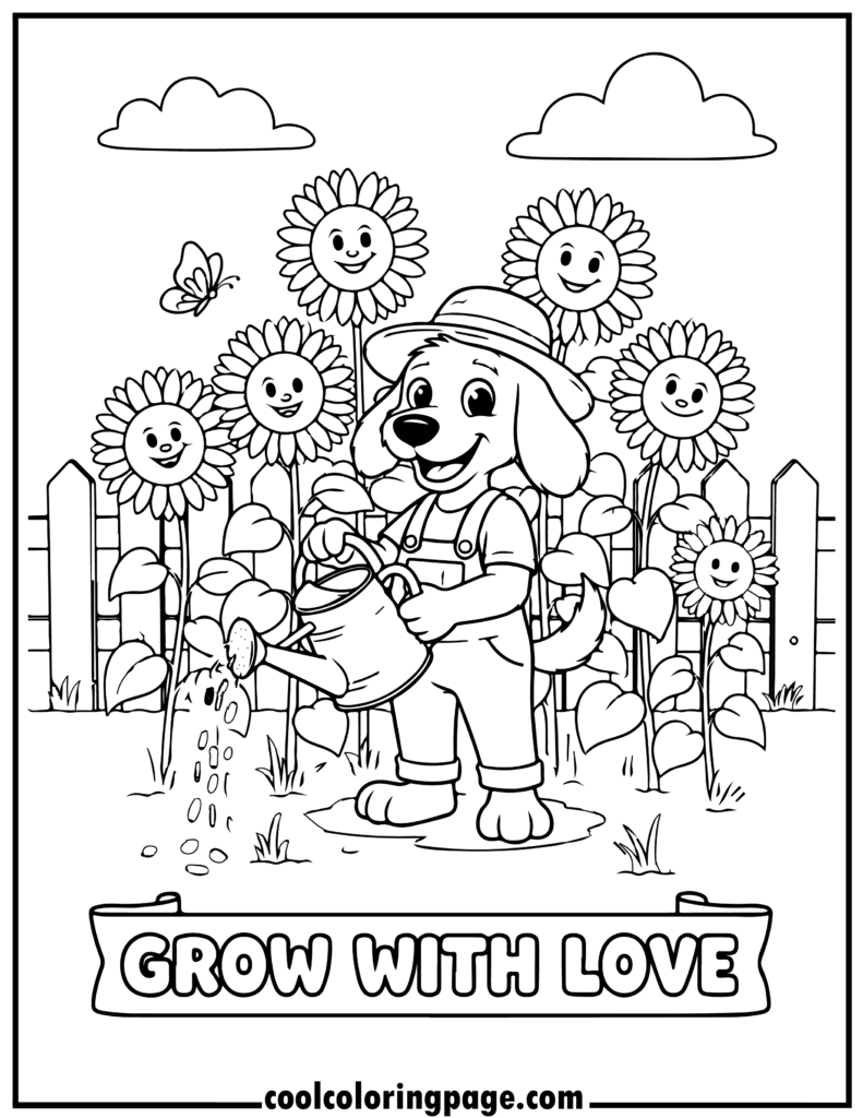 Dog man coloring pages of a dog hero watering sunflowers, cute dog coloring pages with simple outlines