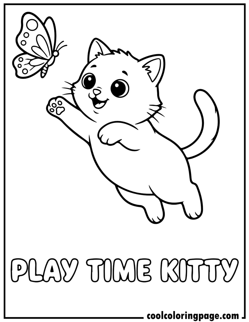 Playful kitten jumping to catch a butterfly in kitty cat coloring pages, fun kitty coloring activities and adorable kitten coloring pages.