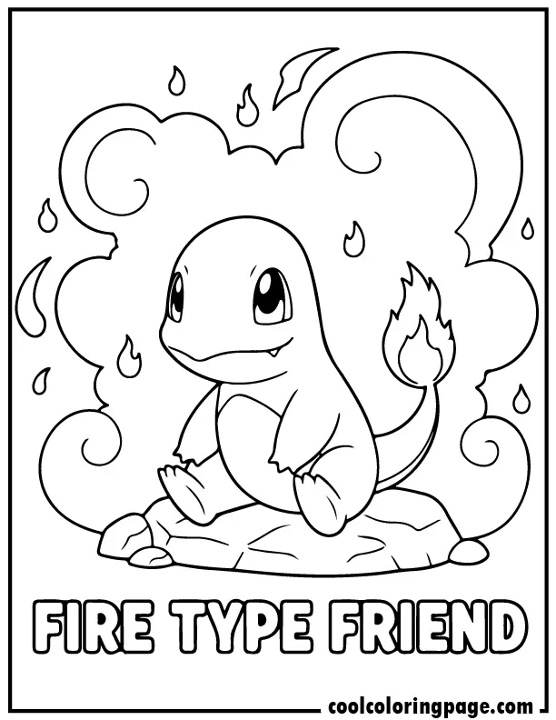 Printable pokemon coloring pages showing Charmander sitting calmly with fire sparks, easy pokemon coloring page with bold lines to print and color.
