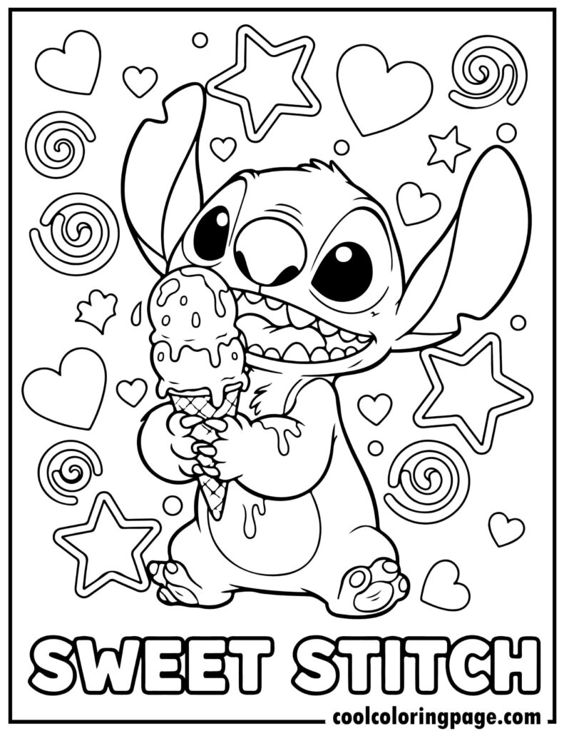 Stitch coloring pages featuring Stitch eating ice cream, cute coloring pages of stitch and stitch coloring pages printable.