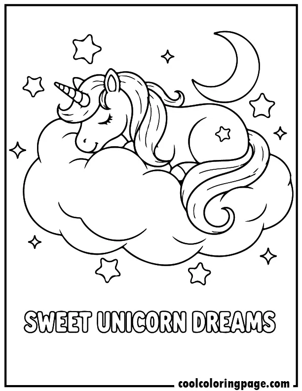 Unicorn coloring pages featuring a sleeping unicorn on a cloud, baby unicorn coloring pages with easy black and white lines.