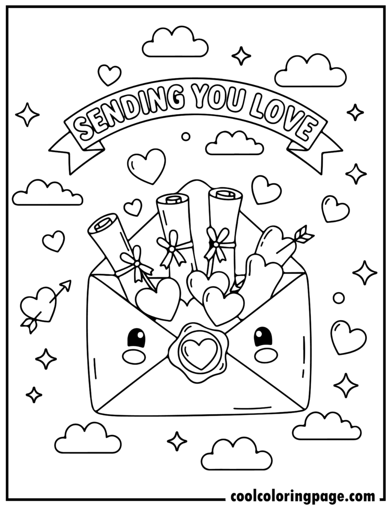 Valentine's Day coloring pages with a love letter envelope and hearts, ideal for free valentines day coloring pages and simple love coloring pages.