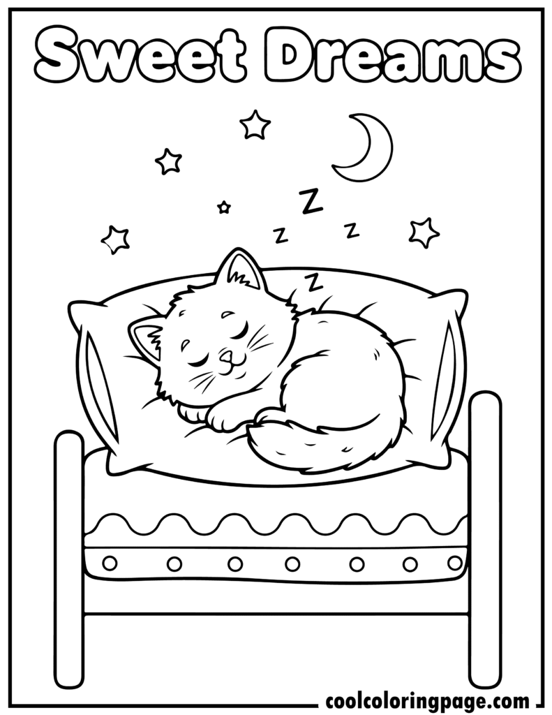 Cute cat coloring pages showing a sleeping kitten curled on a pillow under stars, cozy cat coloring page