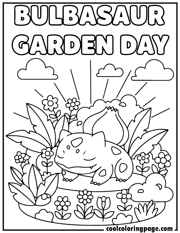 Printable pokemon coloring pages of Bulbasaur in a garden scene, simple pokemon coloring pages printable with flowers and nature elements.