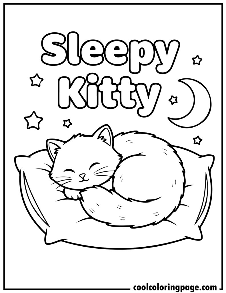 Sleepy kitty curled on a pillow in kitty cat coloring pages, ideal for simple kitten coloring pages and baby kitty coloring pages.