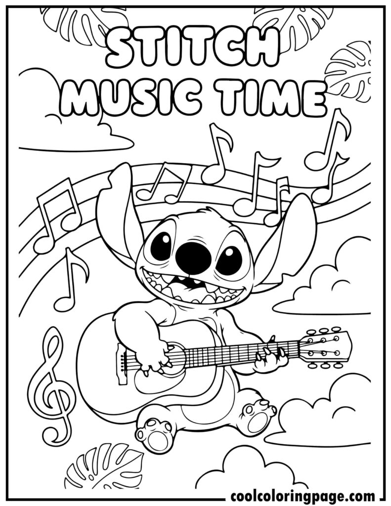 Stitch coloring pages with Stitch playing guitar, musical coloring pages stitch and printable stitch coloring pages.