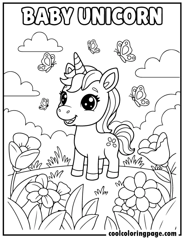 Unicorn coloring pages of a baby unicorn with butterflies, cute unicorn coloring pages designed for kids to color.