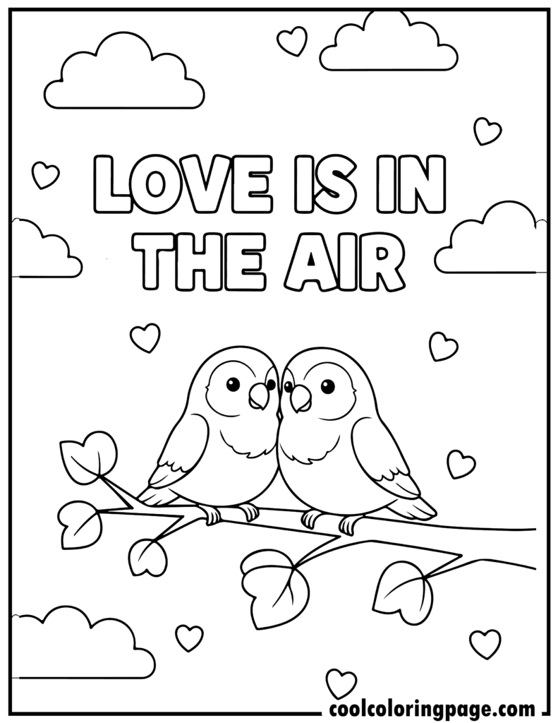 Valentine's Day coloring pages showing lovebirds on a branch, great for cute coloring pages for valentines day and coloring pages valentines day.