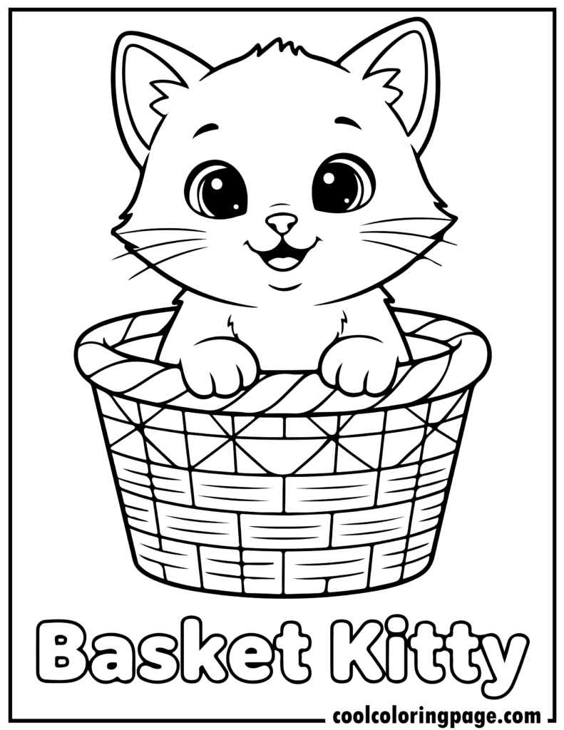 Cute basket kitty illustration in kitty cat coloring pages, designed as easy kitty coloring pages for kids.