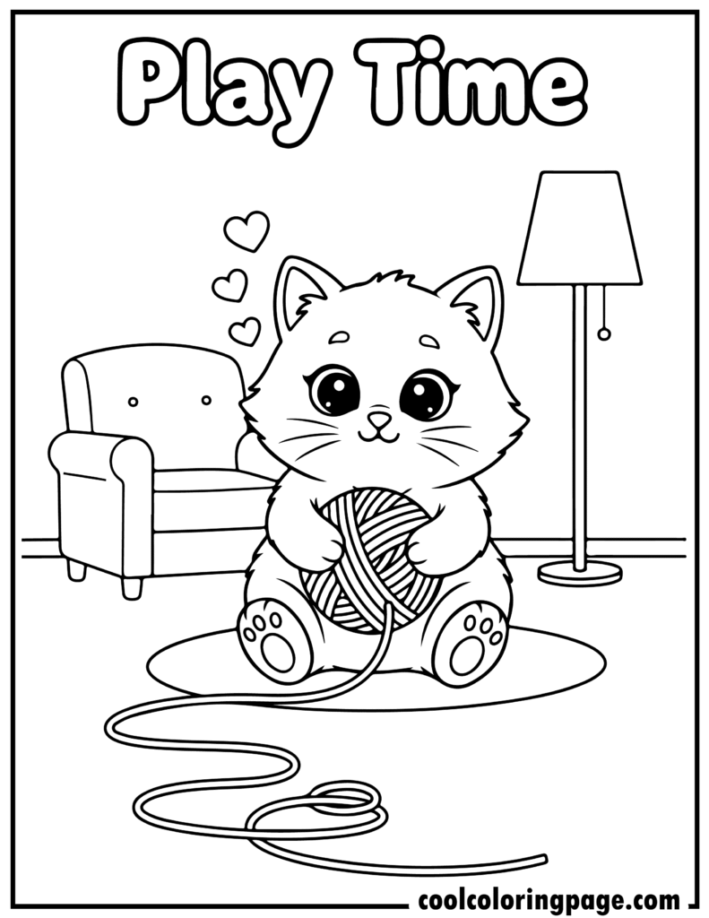 Cute cat coloring pages featuring a happy kitten playing with a ball of yarn, easy cat color page for kids