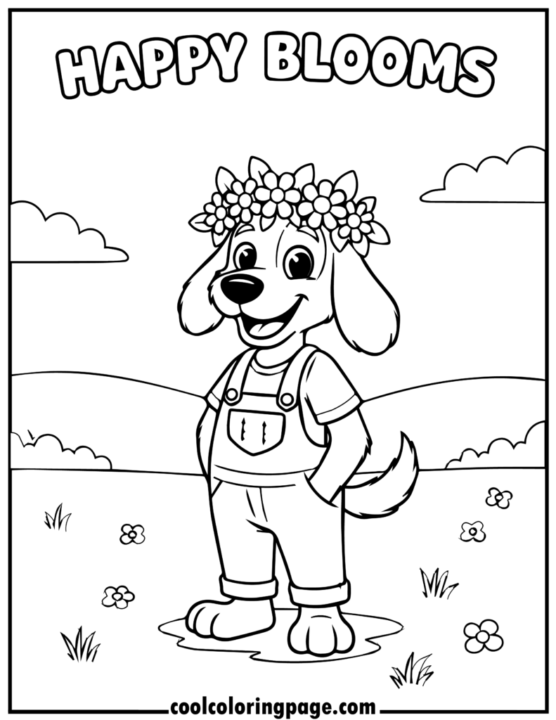 Dog man coloring pages with a flower crown dog hero in a meadow, free dog coloring pages for coloring fun