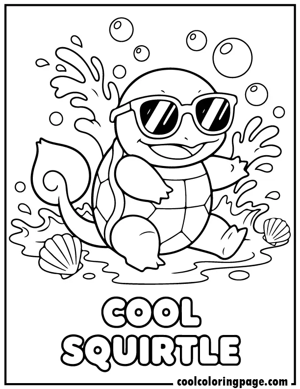 Printable pokemon coloring pages featuring Squirtle with sunglasses near water, fun pokemon pages to print and color with bold outlines.