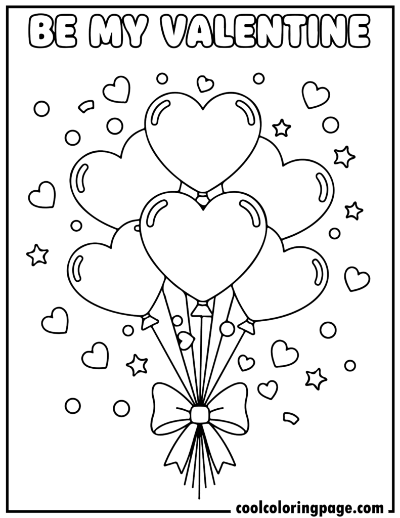 Valentine's Day coloring pages with heart balloon bouquet design, suitable for valentines day coloring page printables and cute heart coloring pages.