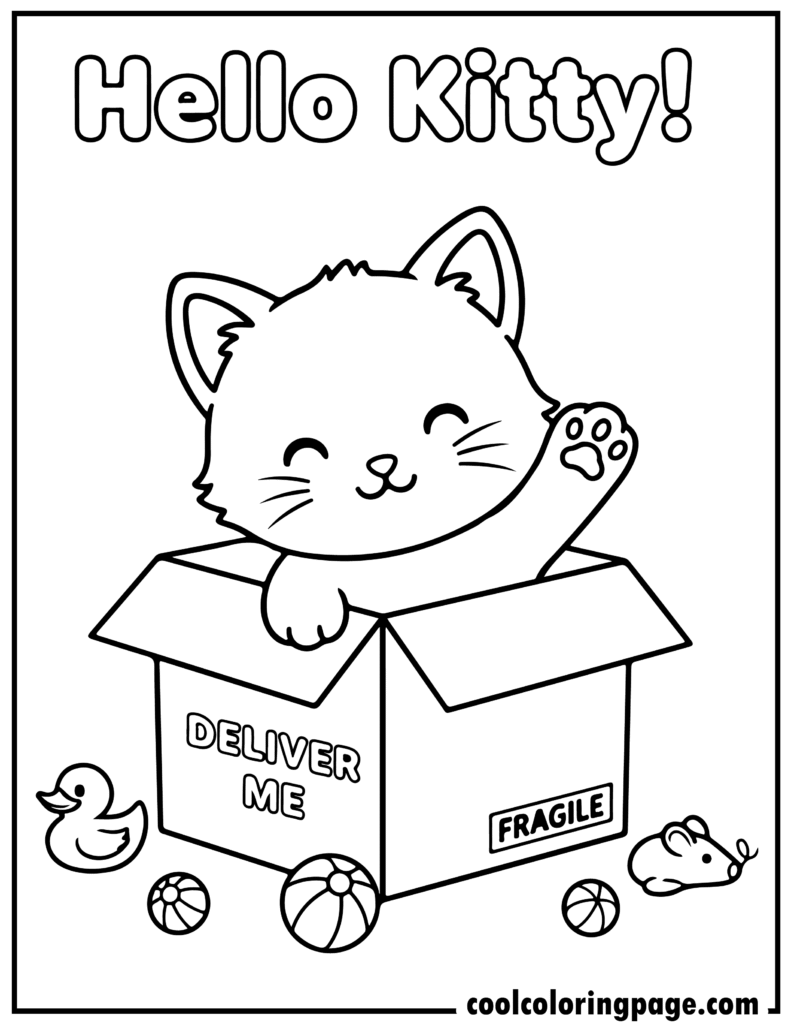 Cute cat coloring pages showing a kitten peeking out of a cardboard box, fun coloring page cat design