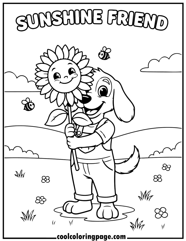 Dog man coloring pages of a cute dog hugging a sunflower, dog coloring pages with bold outlines