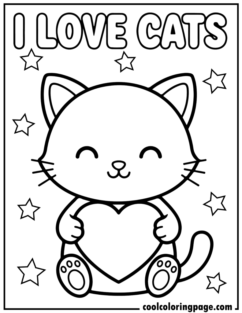 Kitty holding a heart in kitty cat coloring pages, great for cute kitty cat coloring pages and coloring pages of kitty cats.
