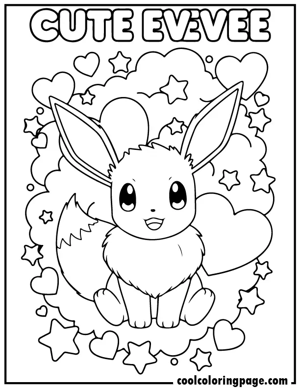 Printable pokemon coloring pages showing cute Eevee with hearts and stars, adorable pokemon coloring pages printable for all ages.