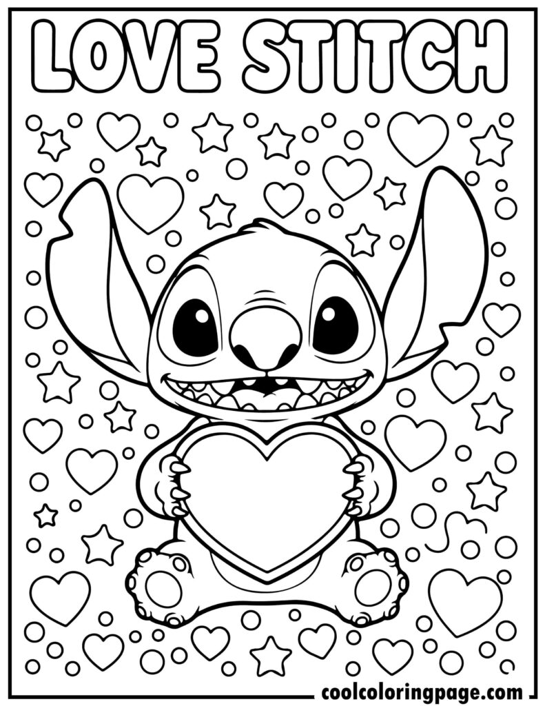 Stitch coloring pages with Stitch holding a heart, cute printable stitch coloring pages and coloring pages stitch.