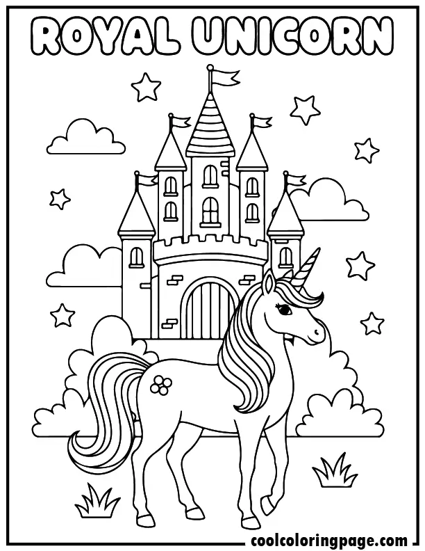 Unicorn coloring pages featuring a unicorn in front of a castle, unicorn academy coloring pages style illustration.